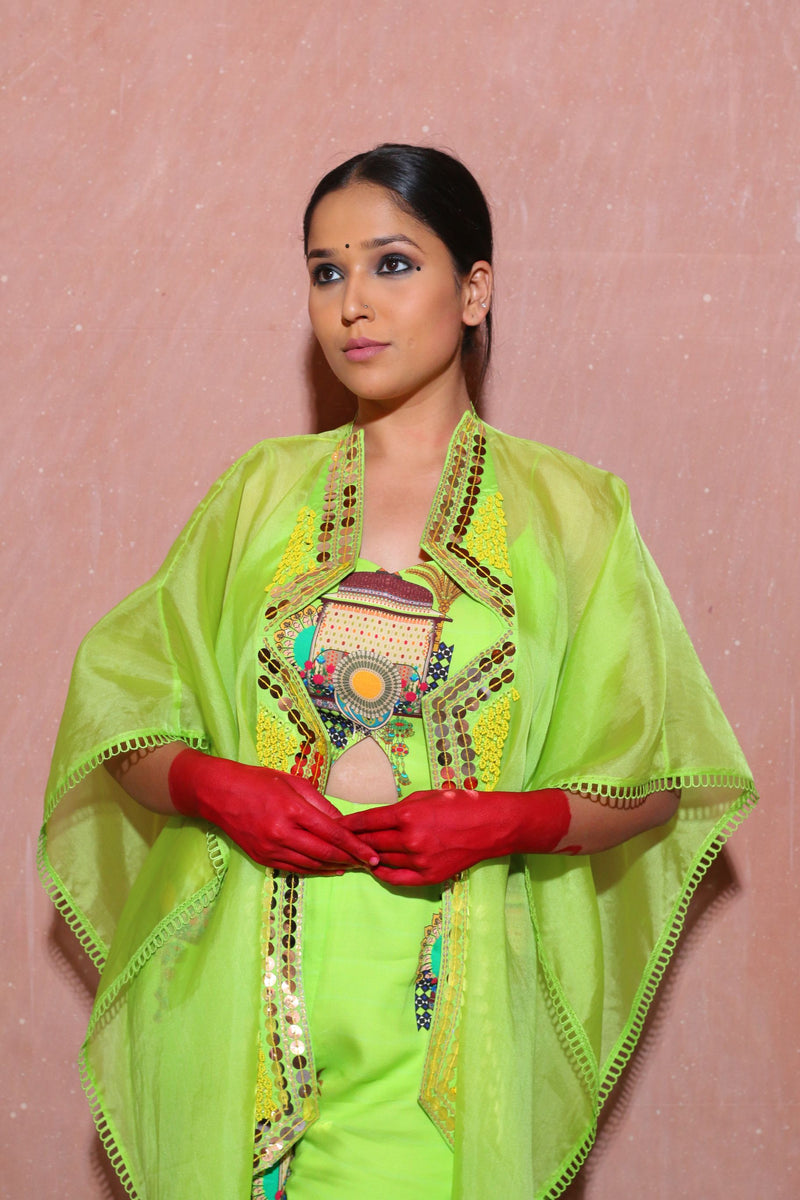 CORAL GREEN CAPE WITH JUMPSUIT INDO WESTERN