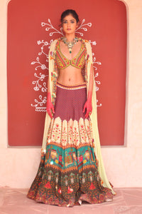 MULTICOLOR PRINT LEHANGA WITH BODICE AND CAPE DUPATTA