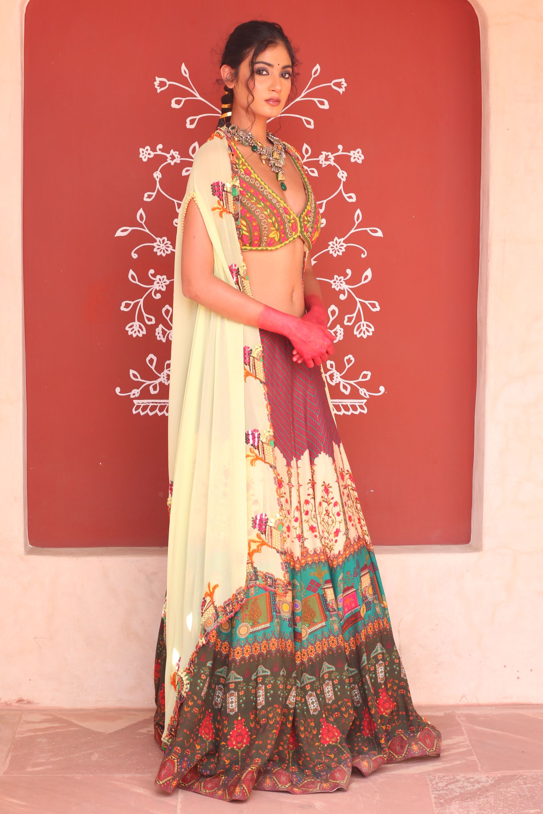 MULTICOLOR PRINT LEHANGA WITH BODICE AND CAPE DUPATTA