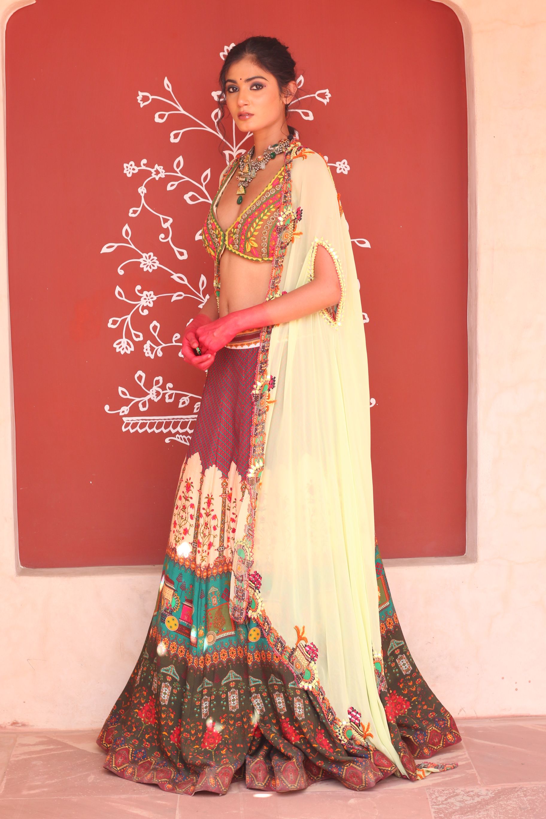 MULTICOLOR PRINT LEHANGA WITH BODICE AND CAPE DUPATTA