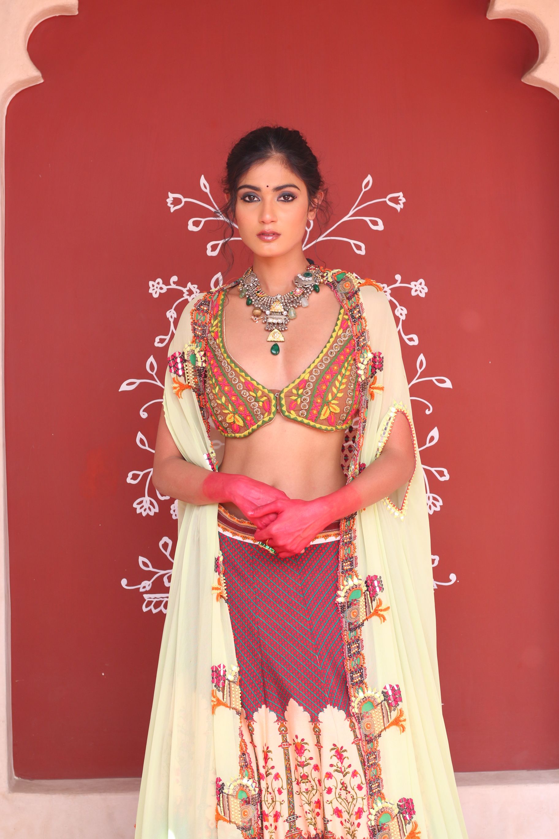 MULTICOLOR PRINT LEHANGA WITH BODICE AND CAPE DUPATTA