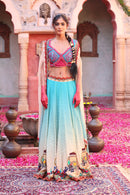 BLUE PRINT LEHANGA WITH EMBROIDERED BODICE AND CAPE DUPATTA