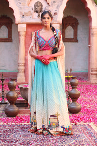 BLUE PRINT LEHANGA WITH EMBROIDERED BODICE AND CAPE DUPATTA