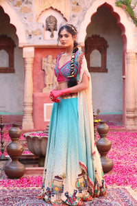 BLUE PRINT LEHANGA WITH EMBROIDERED BODICE AND CAPE DUPATTA