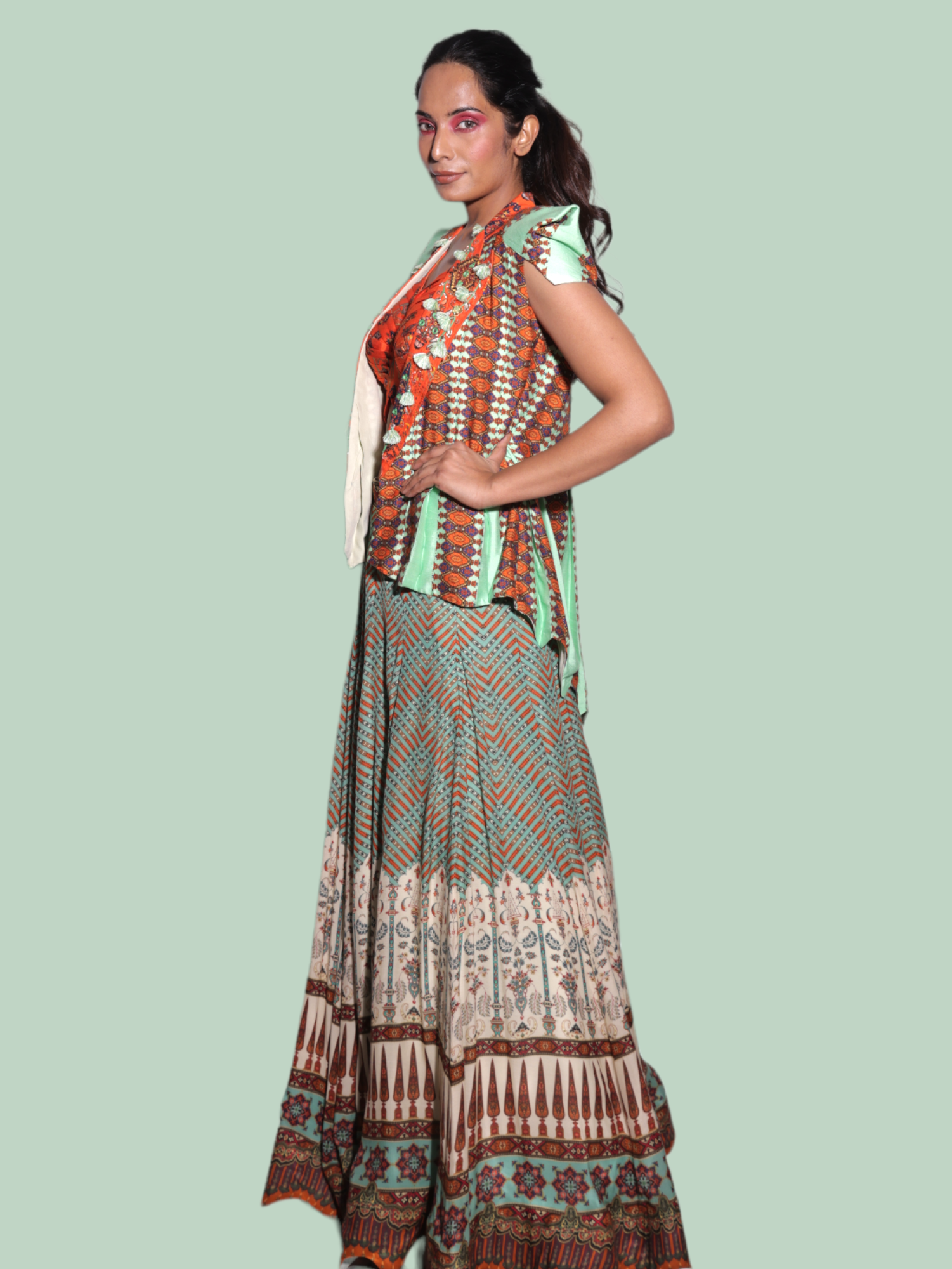 Pleated jacket drape indowestern LEHANGA ( rust cyan )