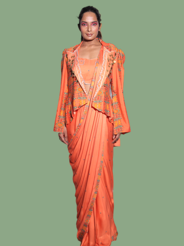 Pleated jacket drape indowestern saree ( rust peach )