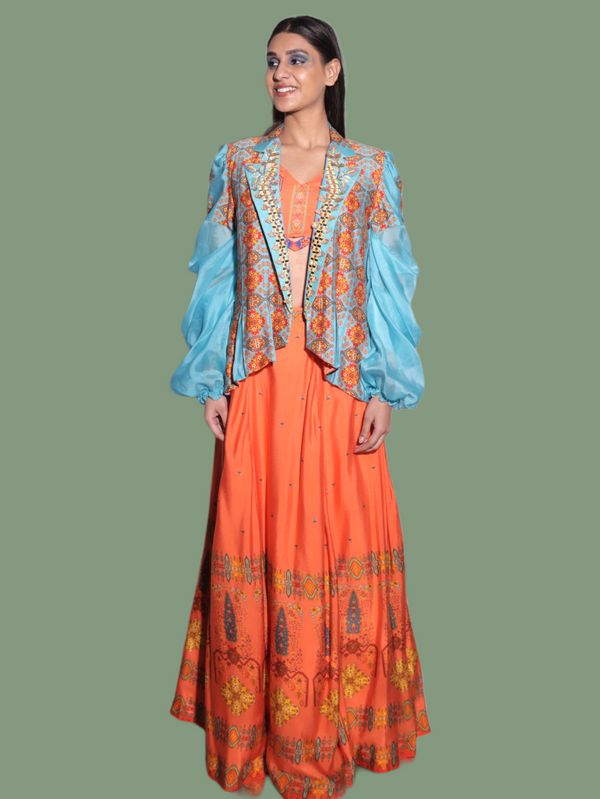 Pleated jacket drape indowestern lehenga ( teal peach )