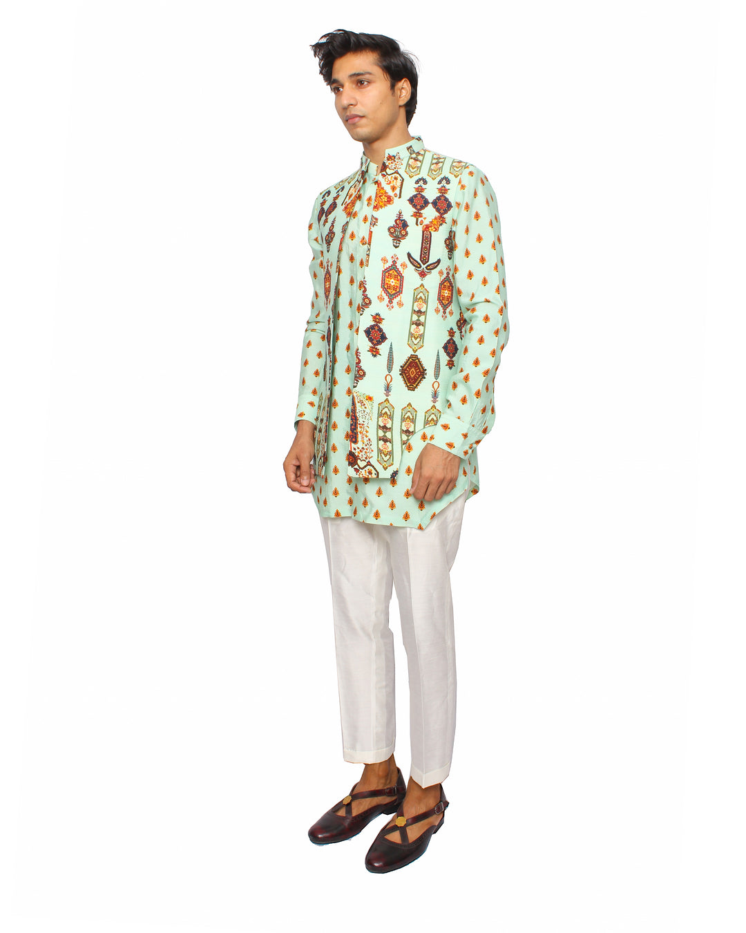 open waistcoat cyan with kurta and pants