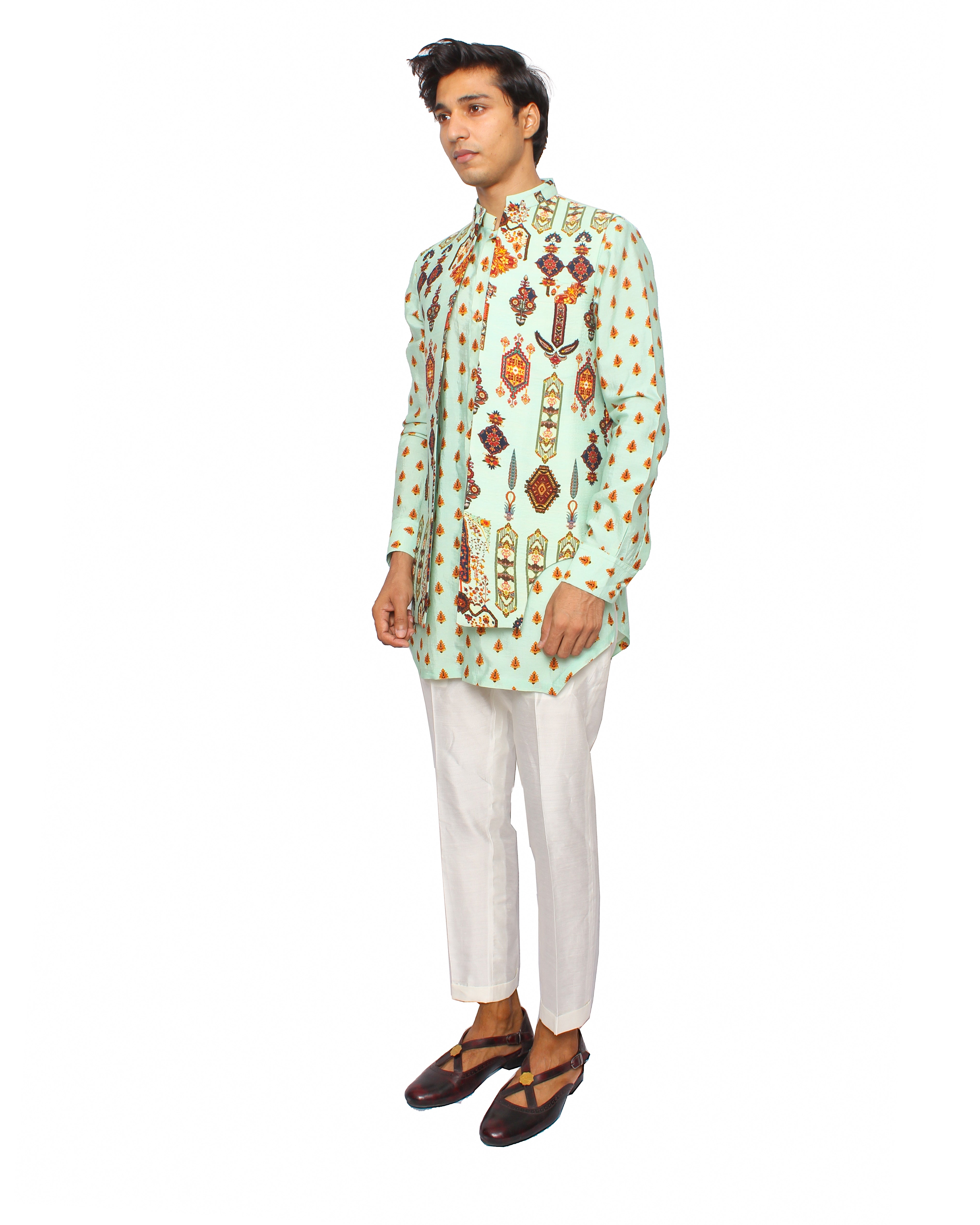 open waistcoat cyan with kurta and pants