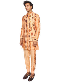 Peach short open kurta with waistcoat and jogger pants