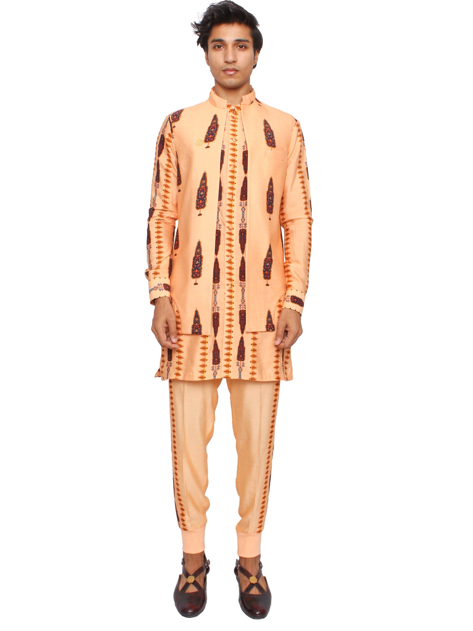 Peach short kurta with waistcoat (v2) and jogger pants