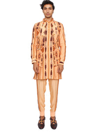 Peach short open kurta with waistcoat and jogger pants