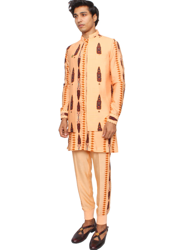 Peach short kurta with waistcoat (v2) and jogger pants