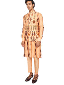 Peach long ribbed kurta with waistcoat and jogger pants