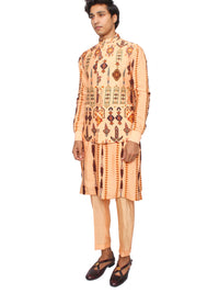 Peach long ribbed kurta with waistcoat and jogger pants