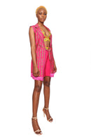 Pencil print bustier, shorts with cape