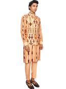 Peach long ribbed kurta with waistcoat and jogger pants