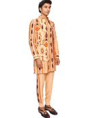 Peach short open kurta with waistcoat and jogger pants