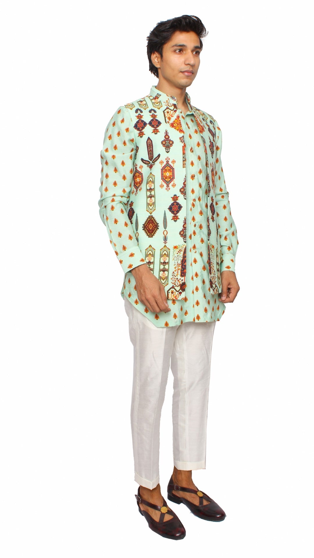 open waistcoat cyan with kurta and pants